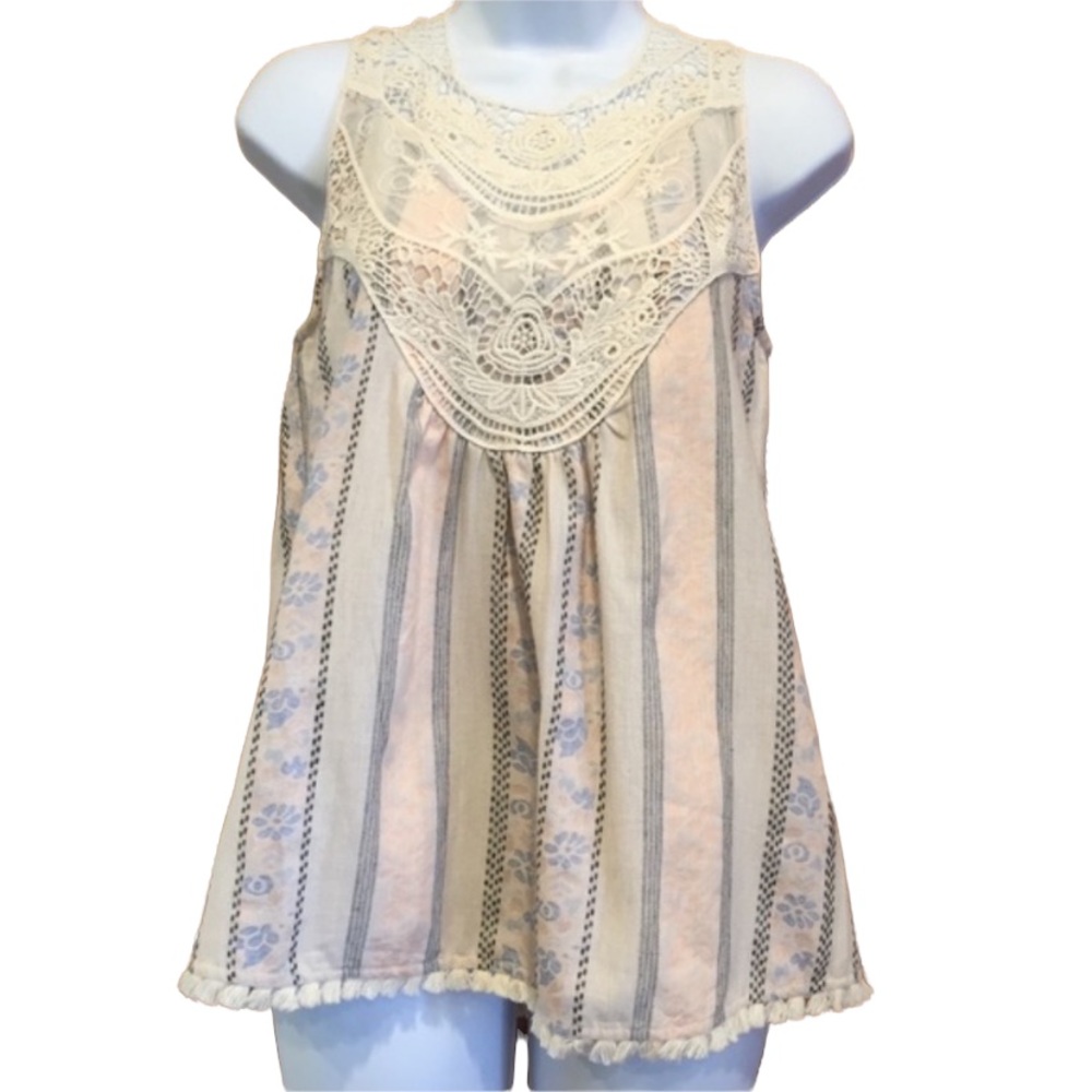 Blu Pepper Sleeveless Lace Bodice Striped Top with Lace Up Back Small